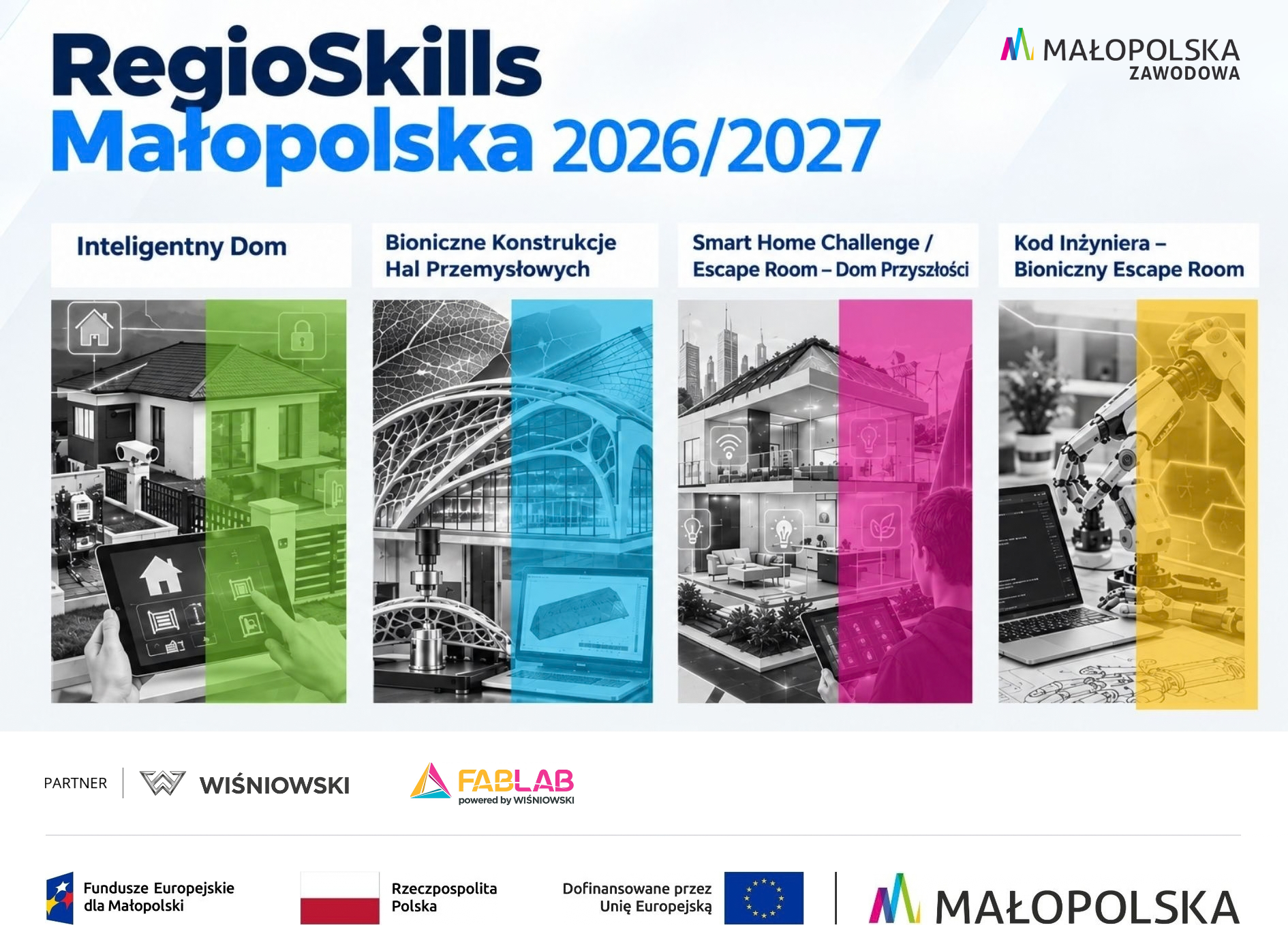 Baner promujący Konkurs RegioSkills Małopolska, zawiera logotypy unijne, małopolski  i firmy Wisniowski