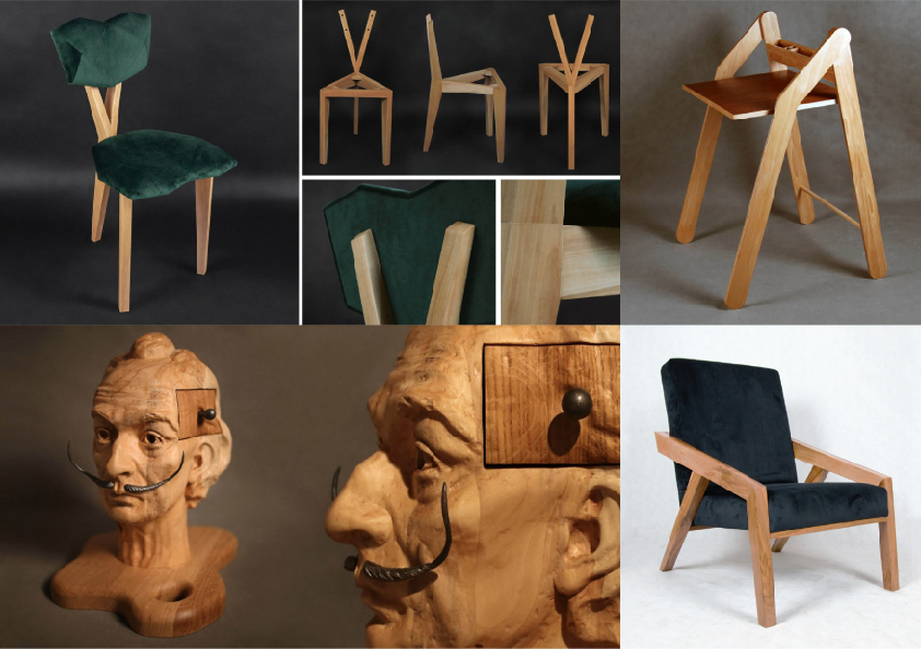 Kolaż: w górnej części projektowane krzesła z drewna z zieloną tapicerką oraz bez tapicerki, w lewym dolnym rogu drewniane popiersie Salvadora Daliego, w prawym dolnym rogu drewniany fotel z czarną tapicerką.