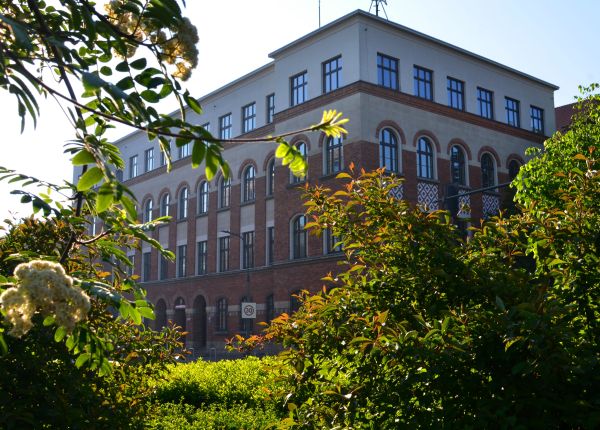 Fotografia przedstawia budynek szkoły otoczony zielenią.