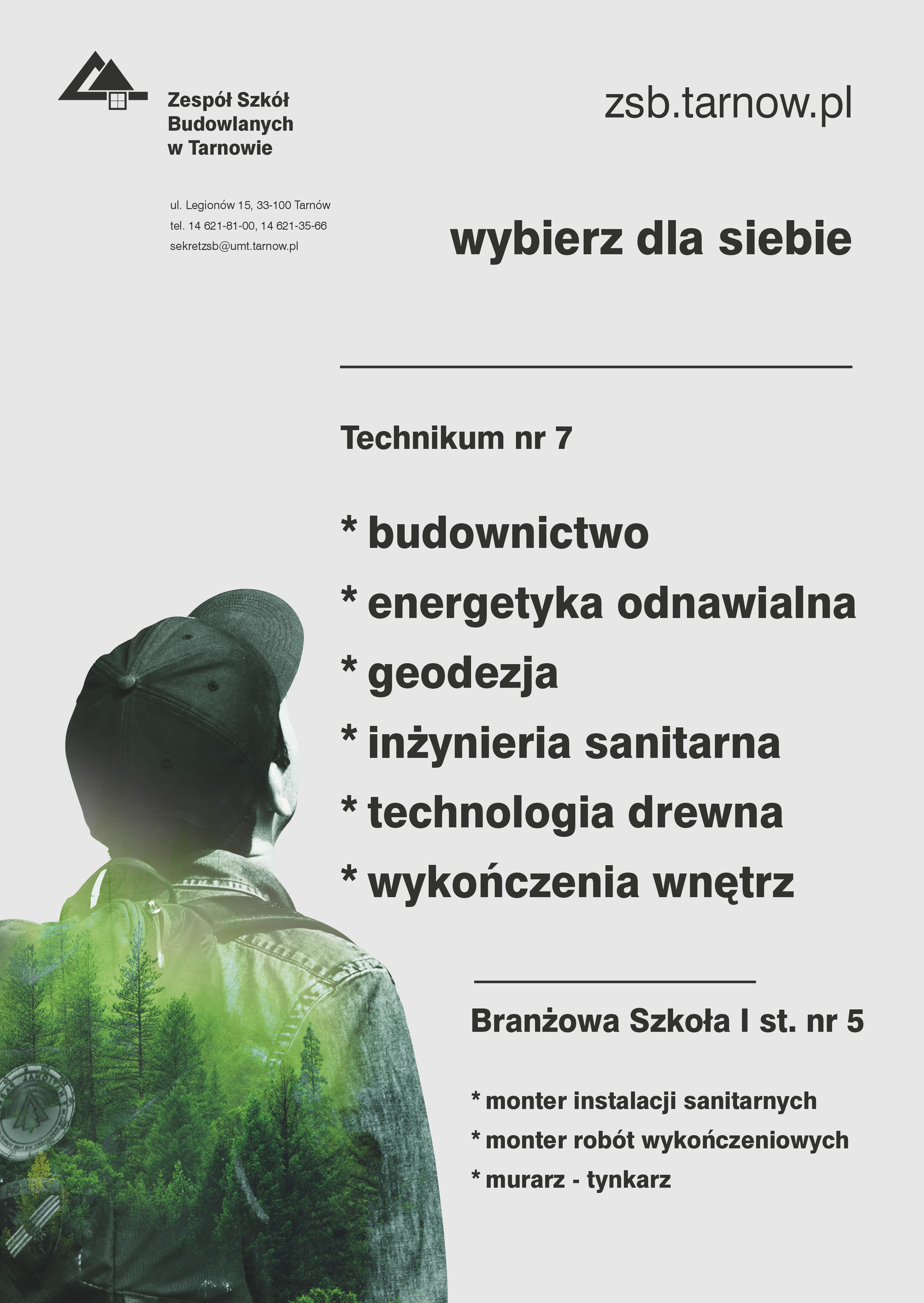 Plakat Zespołu Szkół Budowlanych z listą kierunków kształcenia w technikum i szkole branżowej.