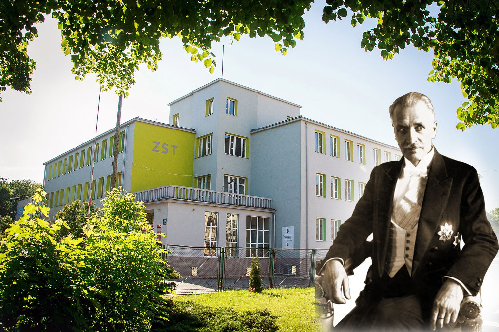 Zdjęcie szkoły. Prawej stronie czarno-biała fotografia prezydenta Ignacego Mościckiego.