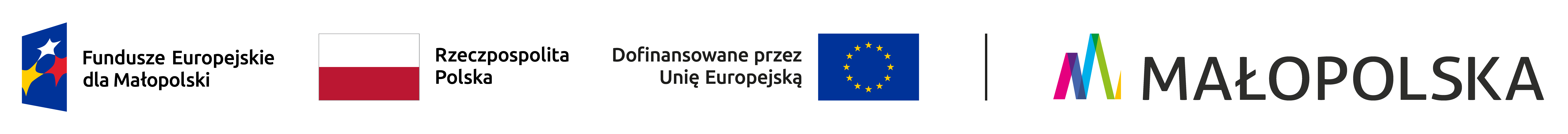 pasek z logami - logo funduszy europejskich, flaga RP, logo Unii Europejskiej, Logo Małopolski