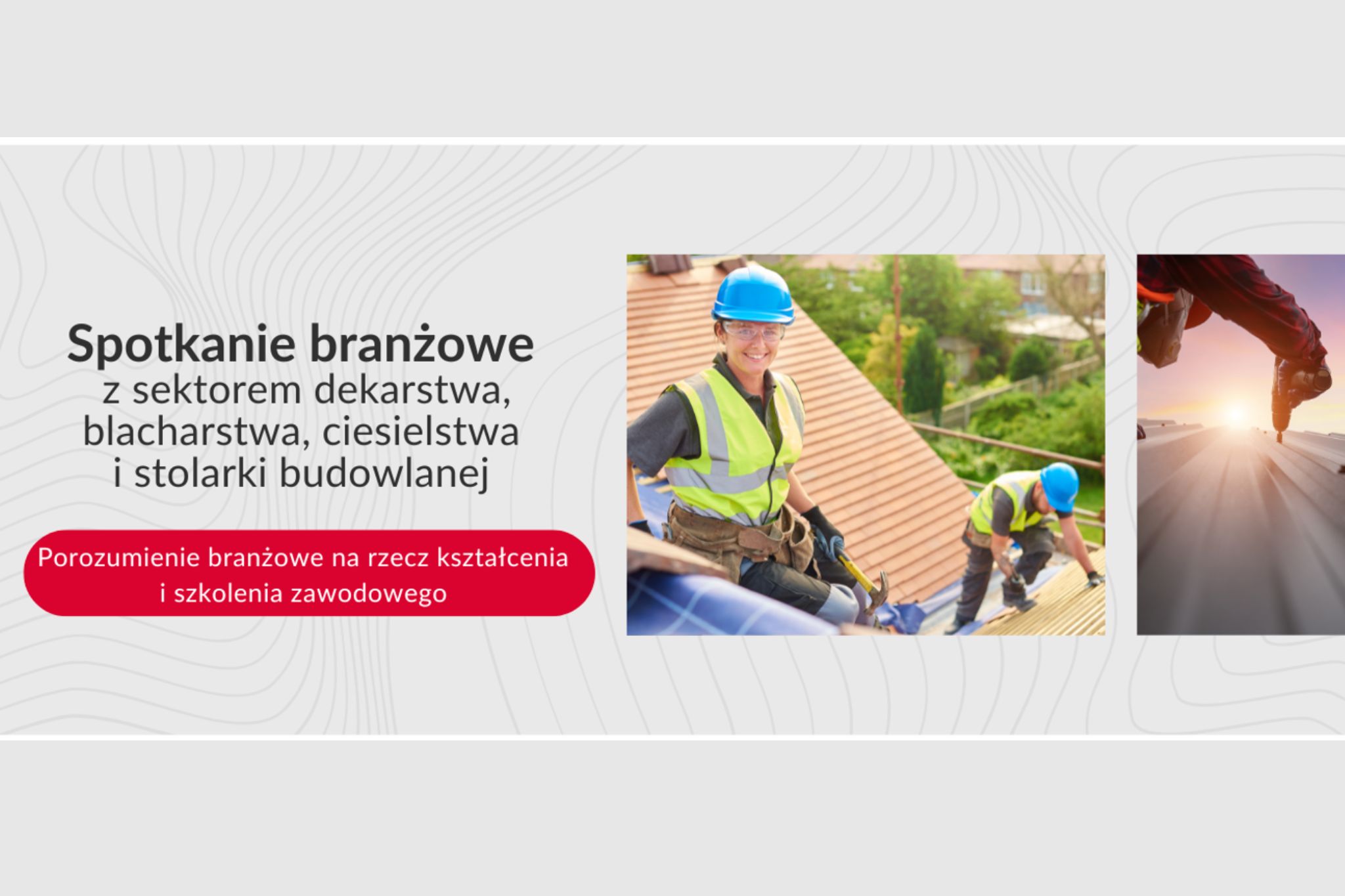 spotkanie branżowe, sektor budowlany - plakat z pracownikami w kamizelkach i kaskach