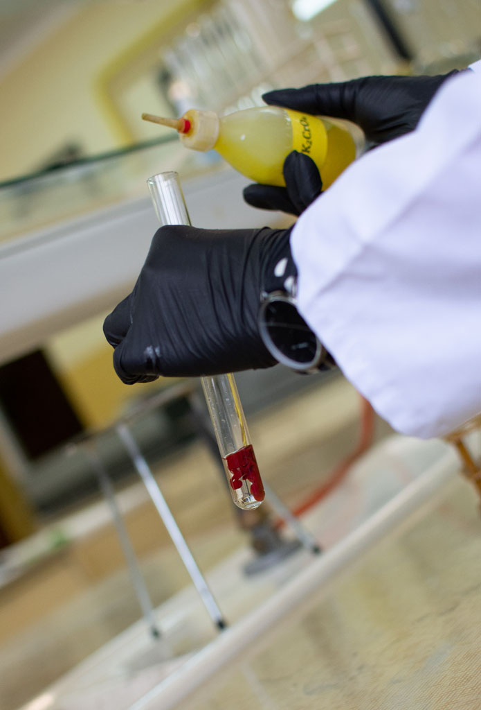 Na zdjęciu pracownia chemiczna na kierunku technik technologii chemicznej. Uczeń przelewa substancję chemiczną z pipety do probówki.